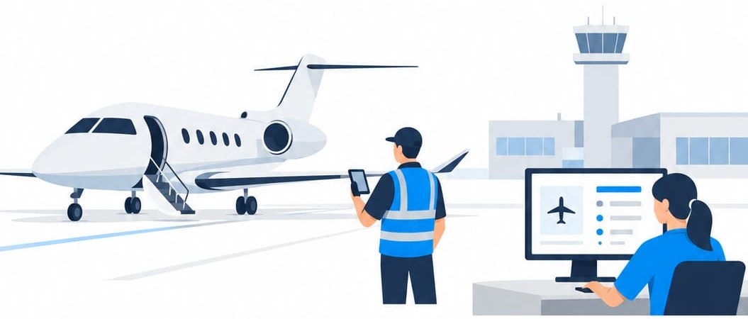 Un jet d'affaires sur le parking, un agent de piste avec sa tablette et une agente d'opérations devant l'écran du FBO