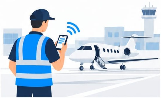 Un agent de piste met à jour le vol depuis son téléphone